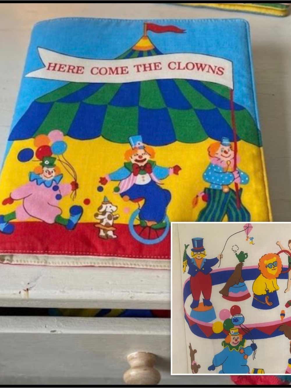 Vintage Here Comes The Clowns Fabric Cotton Kids Soft Colorful Nursery Book 9x9